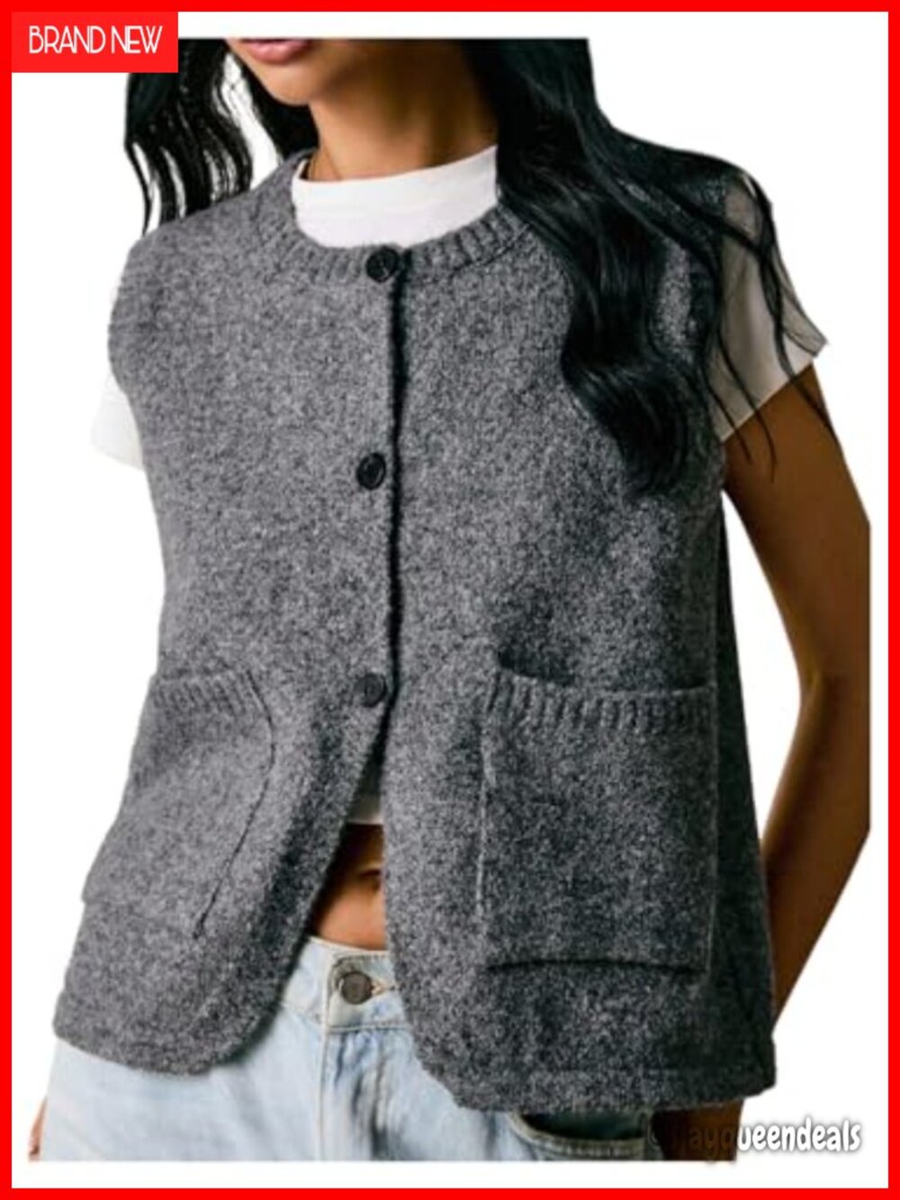Women's Button Down Sweater Vest Knit Tank Top with Pockets Sleeveless Crew Neck